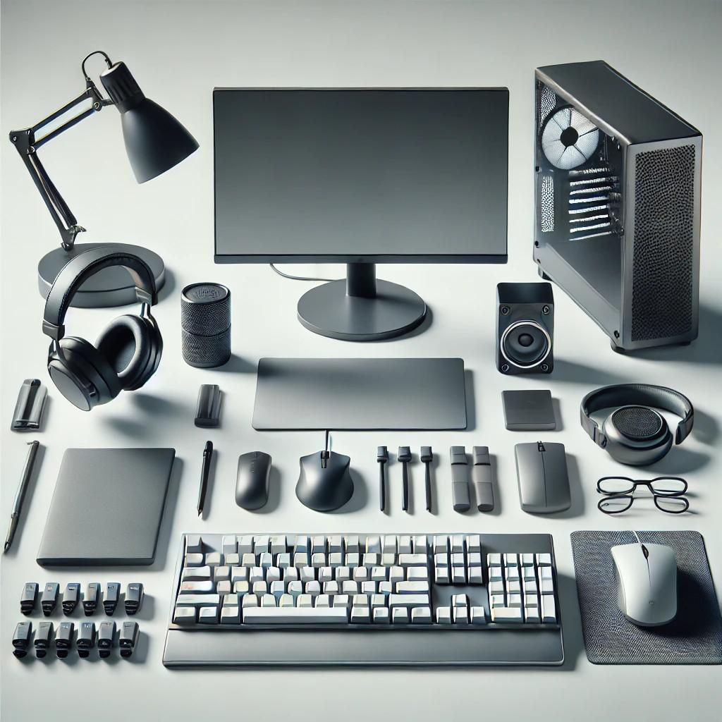 Minimalistisches Computer-Setup mit Monitor, Tastatur, Maus, Kopfhörern und verschiedenen Zubehörteilen, organisiert in einem modernen Stil.